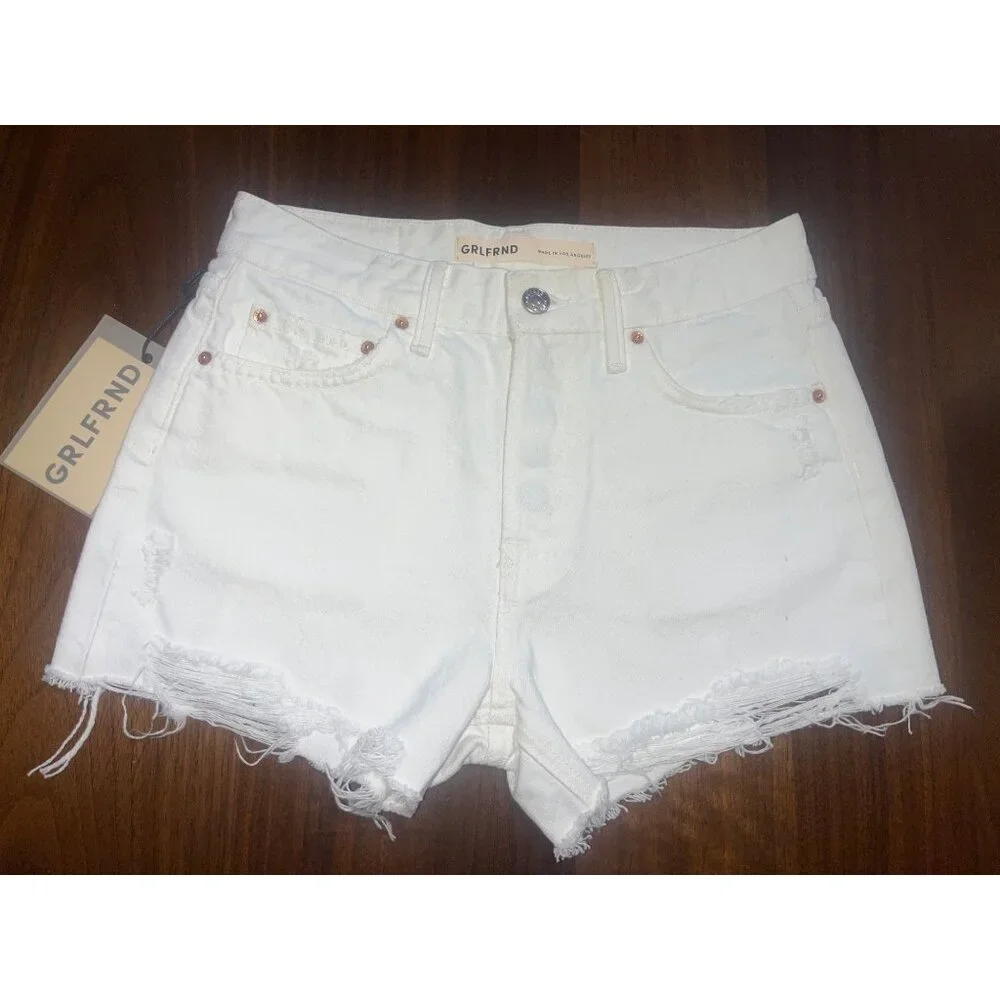 GRLFRND Helena High Rise Cut Off Denim Short in Topanga White 24 Womens Jeans